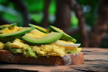 Wall Mural - avocado and cucumber salad, A delectable avocado toast topped with perfectly sliced eggs, placed on a rustic wooden table