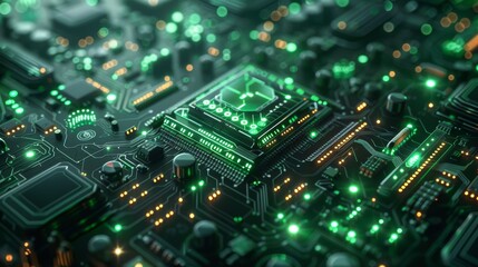 Poster - A futuristic illustration of a green computer chip with artistic embellishments, representing the intersection of hardware technology and creativity.