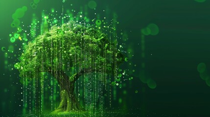 A creative illustration of a digital tree with binary code leaves, symbolizing the integration of technology and green initiatives.