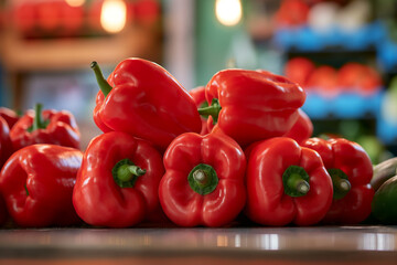 Wall Mural - red bell peppers, A group of red peppers arranged on a table, showcasing their glossy and vibrant appearance. The image captures the rich colors and smooth textures of the peppers with perfect lightin