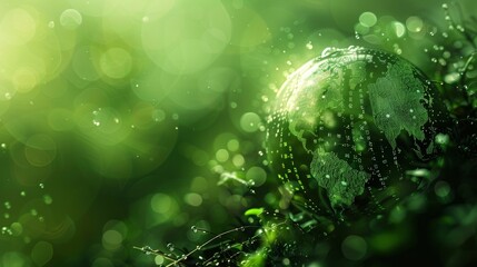 A symbolic illustration of green code lines morphing into a picture of a globe, highlighting global connectivity and environmental consciousness.