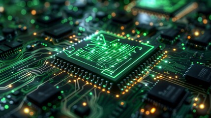 Poster - A creative sketch of a green computer chip with flowing lines and algorithmic symbols, showcasing innovative technology.