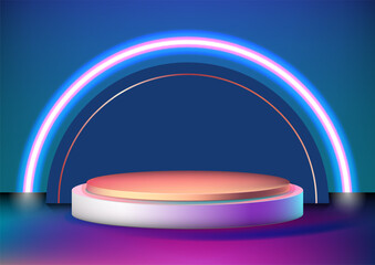 Poster - Neon podium. Product exhibition. Show 3D stage. Glowing led lamp frame. Illuminated showcase. Empty pedestal. Shopping display. Gradient color light. Cylinder base. Vector background