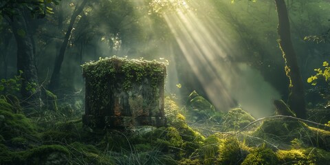 Wall Mural - Misty wood embrace sunlight, casting a spell of tranquility amidst green foliage and mysterious shadows.