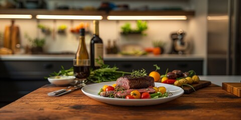 Wall Mural - Juicy medium - rare steak with grilled vegetables, tomatoes, and rosemary on a wooden board.