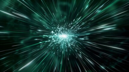 Wall Mural - green and black light streaks converge into bright central point, resembling sci-fi warp speed effec