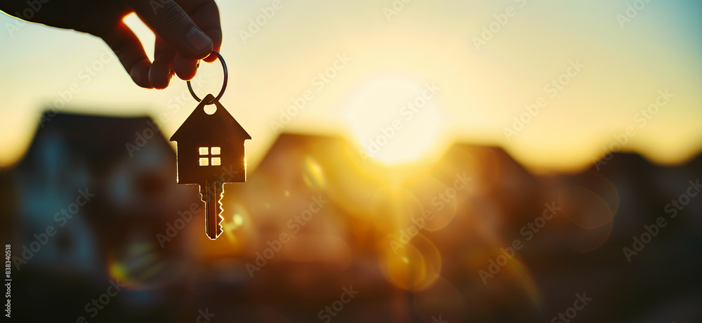 Hand holding a keychain shaped like a house in front of blurred houses ...