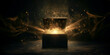 © IBEX.Media - An open black box emitting a burst of glowing golden sparks and light, symbolizing mystery, magic, and surprise, perfect for a Black Friday shopping concept
