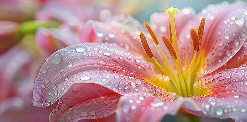 Yellow lily petals with a thin drop hanging from each flower, calming of natural rhythms of water.