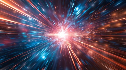 Wall Mural - vibrant light streaks in blue, apricot, and red converge in a sci-fi warp speed effect, creating a b