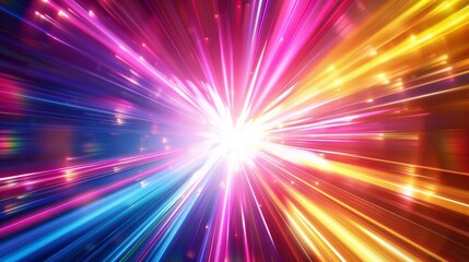 Wall Mural - vibrant neon light streaks in pink, yellow, and blue converge in a warp speed effect, creating a bri