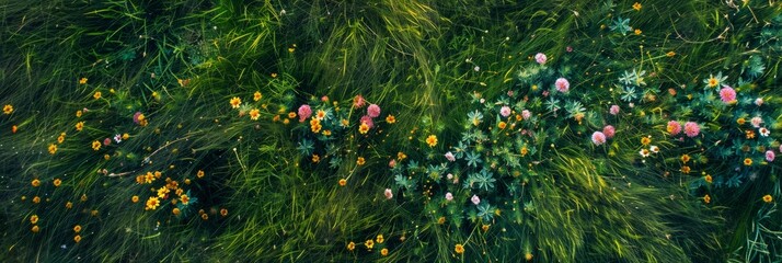 Wall Mural - An aerial photograph showcasing a lush green field dotted with a colorful array of wildflowers