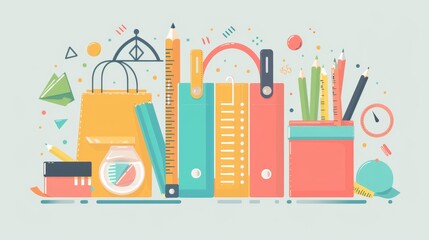 A school supplies, backpack, pencils, books, depicted in the style of flat design, Back to school Learning, teachers and students graphic 