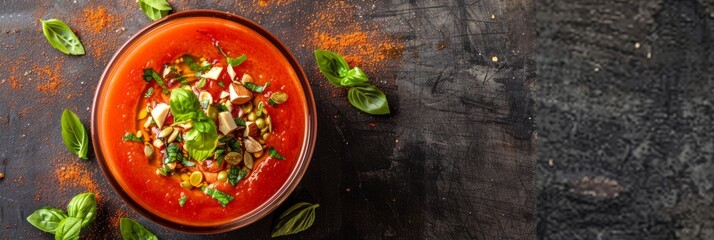 Wall Mural - A close-up, top-down view of a bowl of organic gazpacho topped with almonds and fresh basil leaves, with copy space on the right side of the frame