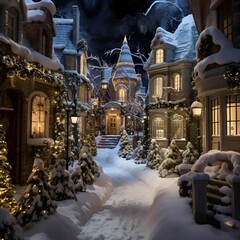 Beautiful Christmas and New Year holiday background. Christmas trees and houses in the snow.