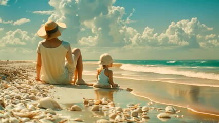 Canvas Print - Mother and child sitting together on the sandy beach by the waters edge, A serene beach scene with a mother and child collecting seashells