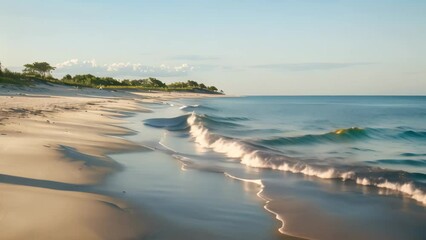 Wall Mural - A sandy beach next to the ocean under a clear blue sky with gentle waves, A serene beach with gentle waves rolling onto the shore