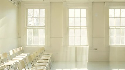 Poster - A row of white chairs neatly arranged in a softly lit classroom, A serene classroom bathed in soft, white light
