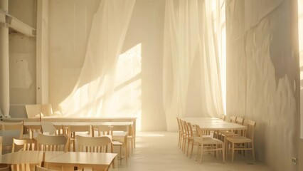 Poster - A room filled with numerous tables and chairs, ready for students to sit and learn in a serene atmosphere, A serene classroom bathed in soft, white light