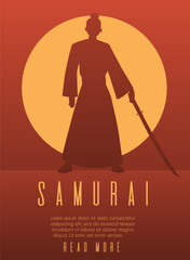 Samurai warrior with sword and sunset red silhouettes vector poster, Japanese fighter with katana weapon oriental shogun