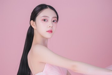 Wall Mural - Asian woman in pink dress posing in front of light pink background for fashion and beauty concept