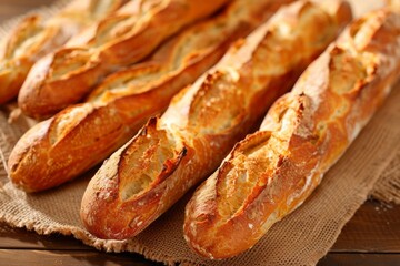 Wall Mural - Freshly baked golden baguettes on rustic wooden table