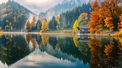 Canvas Print - A lake surrounded by a dense forest filled with numerous trees in autumn hues, A serene lake reflecting autumn hues