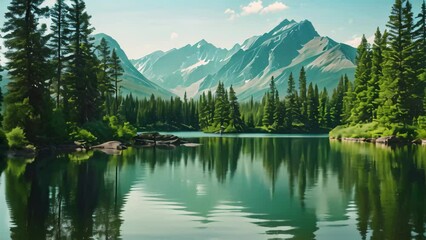 Sticker - A lake encircled by pine trees and mountains, showcasing natures beauty, A serene lake surrounded by tall trees and mountains in the background