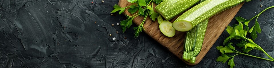 Wall Mural - Zucchini on a wooden board on a black table. View from above. place for text