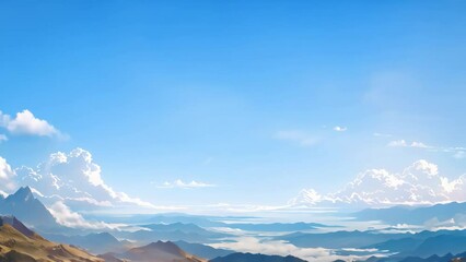 Sticker - Painting depicting a clear blue sky with fluffy white clouds, A serene landscape with rolling hills and a clear blue sky