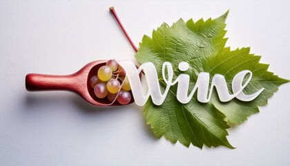 A creative presentation featuring a red wine bottle, grapes, and green leaves spelling out 'wine'