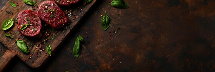 Wall Mural - Raw Black Angus beef steaks seasoned with herbs and spices, resting on a wooden cutting board