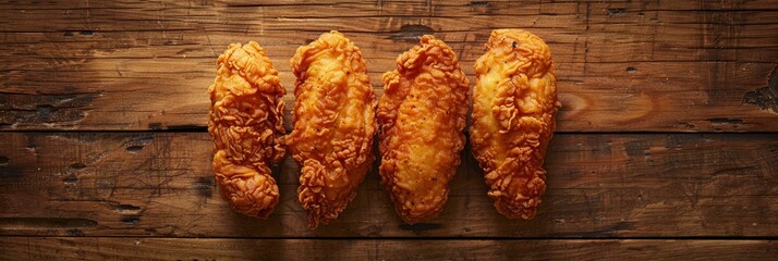 Wall Mural - Three crispy fried chicken tenders arranged on a wooden table, ready to be eaten