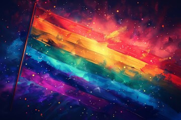 Sticker - Illuminated rainbow flag at night symbolizing resilience and pride in a vibrant and dynamic digital illustration