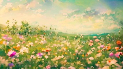 Wall Mural - A colorful field of wildflowers stretching under a clear sky, A serene meadow of wildflowers