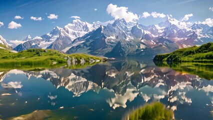 Canvas Print - A mountain range mirrored in the clear waters of a lake, A serene mountain landscape with a crystal-clear lake reflecting the snow-capped peaks in the background