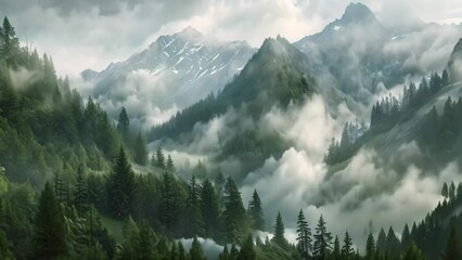 Poster - A mountain range covered in fog and clouds, creating a mysterious and atmospheric scene, A serene mountain landscape with a misty forest in the background