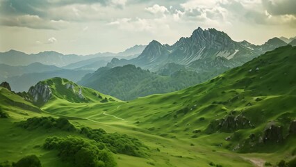 Poster - A path winds through a green valley surrounded by mountains, A serene mountain landscape with a winding trail leading into the distance