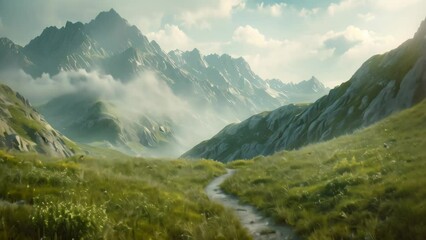 Wall Mural - A path winds through the rugged mountain range, showcasing the natural beauty of the landscape, A serene mountain landscape with a winding trail leading into the distance