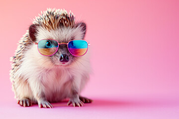 Wall Mural - Pink hedgehog wearing colorful bright glasses on a pink background