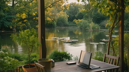 Poster - A laptop computer is placed on top of a wooden table, A serene outdoor workspace with a view of a tranquil lake