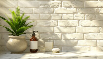 Poster - modern bathroom with a white brick wall and marble countertop. On the counter is an unbranded bottle of shampoo, a soap dish, a green plant in a ceramic pot