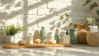 Poster - The marble countertop in the foreground is decorated with small green vases, soap jars and bottles of shampoo on it. empty white brick wall.