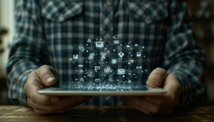 Poster - A businessman using a tablet with data science and technology icon holograms on the screen, displaying code for business analytics or big data service dark background