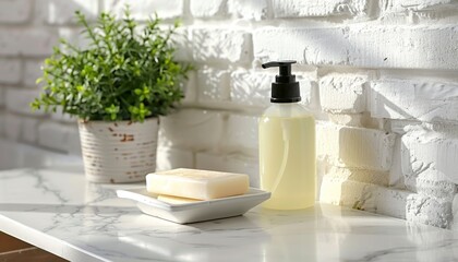 Poster - modern bathroom with a white brick wall and marble countertop. On the counter is an unbranded bottle of shampoo, a soap dish, a green plant in a ceramic pot