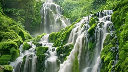 Wall Mural - A waterfall with moss growing on the rock, creating a lush green contrast as water cascades down, A serene waterfall cascading down moss-covered rocks