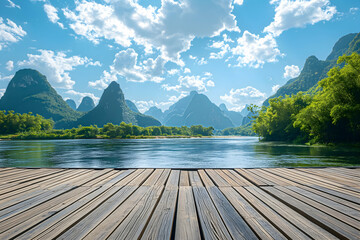 Wall Mural - Wooden floor, large wooden boardwalk with a beautiful view landscape and blue sky with white clouds in the background. 