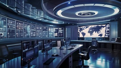 Poster - A large, modern room filled with numerous monitors displaying data and visuals, A sleek and modern control room, filled with monitors displaying real-time data and analytics