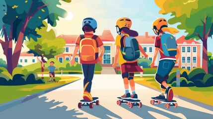 Students wearing helmets and backpacks ride skateboards on their way to school. micro mobility transportation, illustration style of a flat design, Back to school 