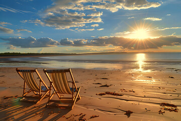 Wall Mural - Deckchairs on Beach with Dramatic Sky
